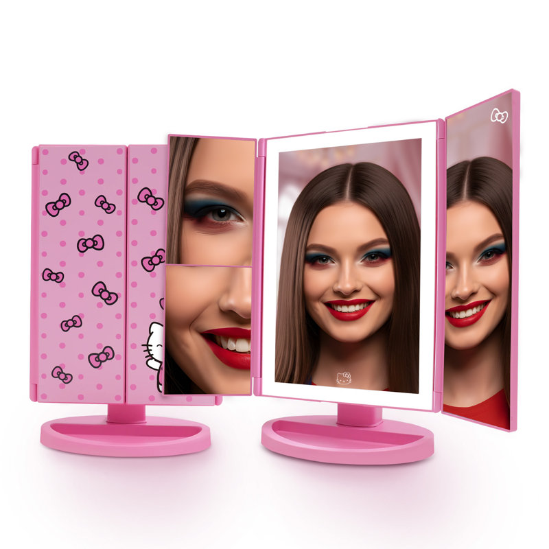  Hello Kitty Pink A Dot Trifold LED Makeup Mirror with Artwork, Vanity Mirror with Strip LED Tri Tone Light, Dual Magnification Touch Sensor