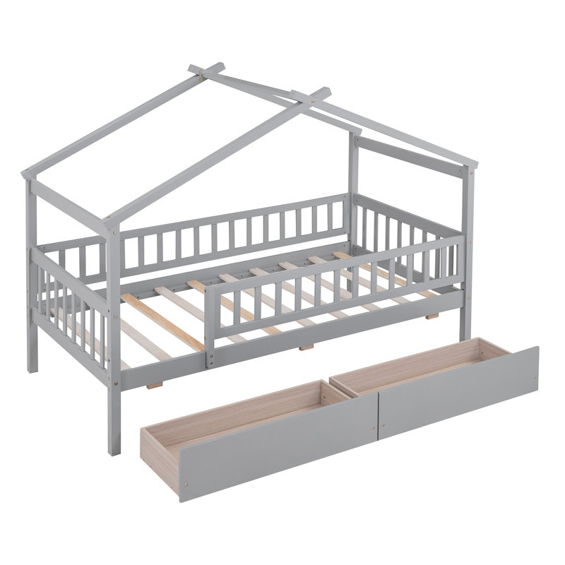 Lit double en bois avec deux tiroirs, Lit simple, Gris