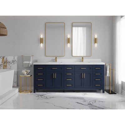Cambridge 84 In. W X 22 In. D Double Sink Bathroom Vanity In Hale Navy Blue With 2 In. Quartz