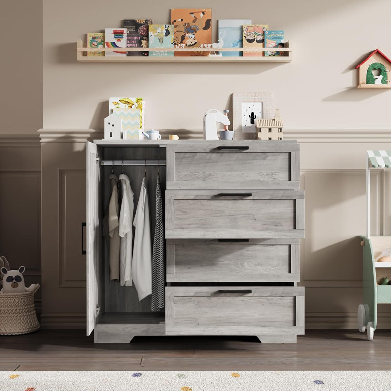 43.3" Wood Armoire Closet, 4 Drawers, Door Cabinet with Hanging Rod, Gray