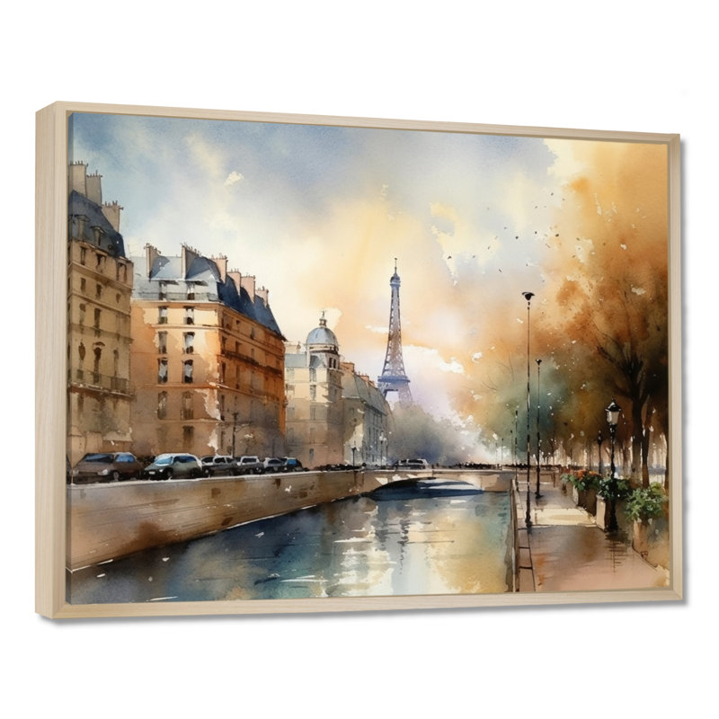 «Beautiful Pastel Paris Scenery», art mural sur toile Paris, H 24 po x l 32 po x P 1 po, Cadre flottant érable