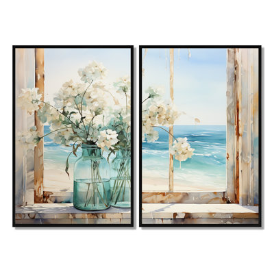 «Blue Window Beachfront View Blooms I - Coastal Windows Large 2 pièces», art mural