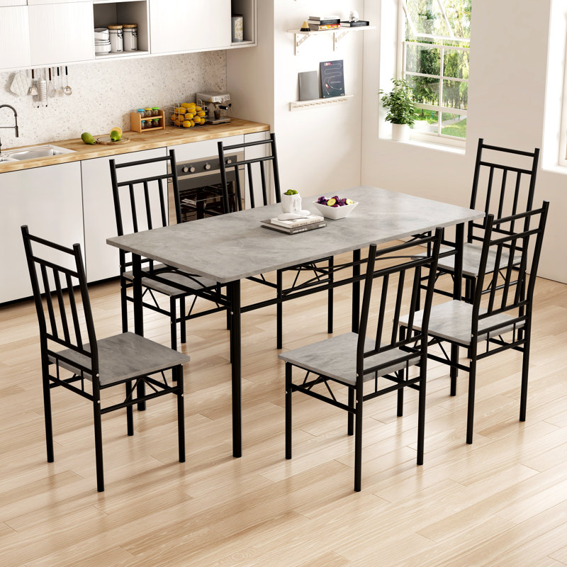 Ensemble de table de salle à manger 7 pièces, table de cuisine rectangulaire en bois rétro et 6 chaises à haut dossier , Noir