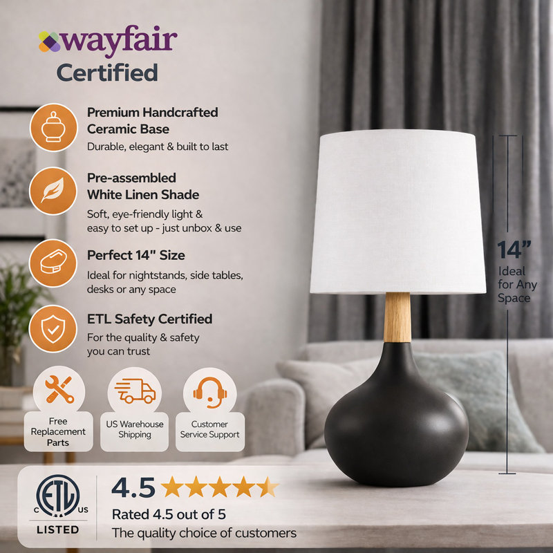 14" Modern Black Ceramic Small Table Lamp with Pre-Assembled Shade, Black