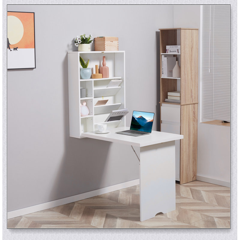 Bureau convertible mural pliable, bureau flottant multifonctionnel avec tablette de rangement