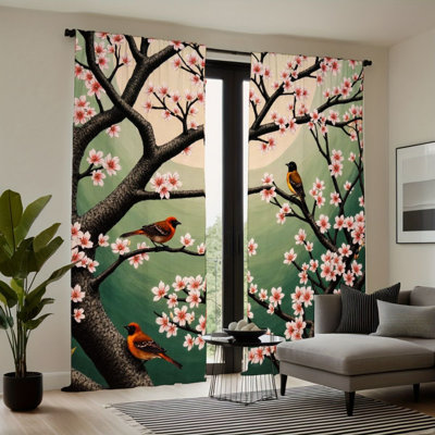 2 pièces de rideaux à motif de cerisier en fleurs et d'oiseaux roses, passe-tringle bloquant le soleil, style inspiré de la nature, toutes saisons pour le salon