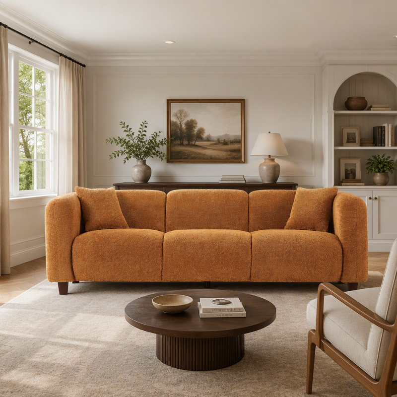 Canapé trois places moderne en tissu bouclé résistant et coussins en mousse à mémoire de forme pour un confort optimal dans votre salon.