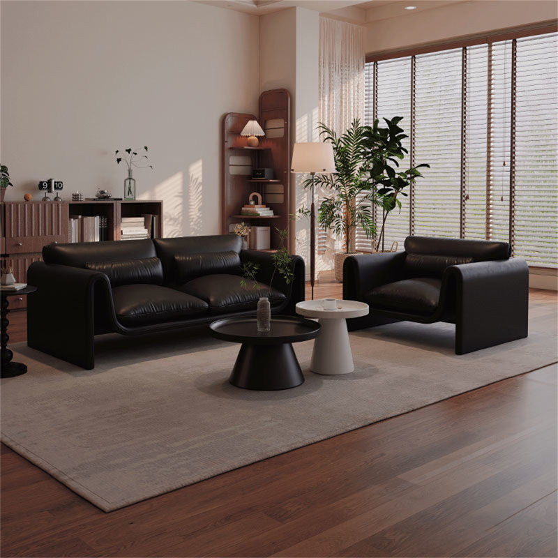 Causeuse moderne en cuir noir minimaliste, design luxueux italien pour les petits salons et espaces de bureau