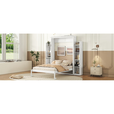 Lit escamotable double pleine grandeur avec tablettes et lumières DEL, blanc