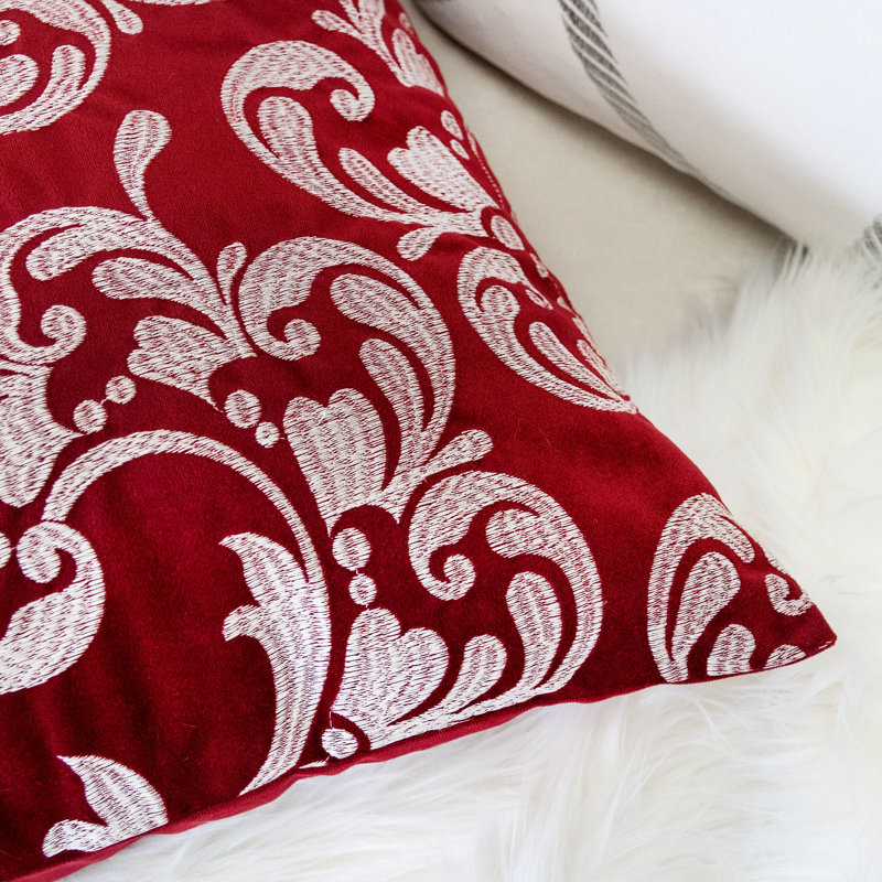 Holiday Embroidered Velvet Throw Pillow, Red/Silver