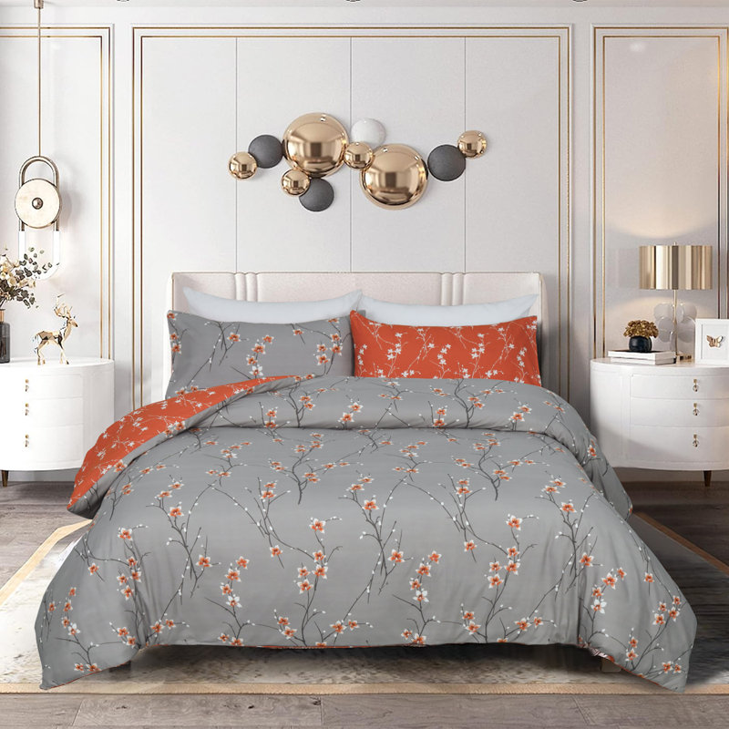 Microfiber Printed Duvet Cover - Soft, Lightweight, Fade-Resistant Bedding with Matching Pillowcases, Rust Flower