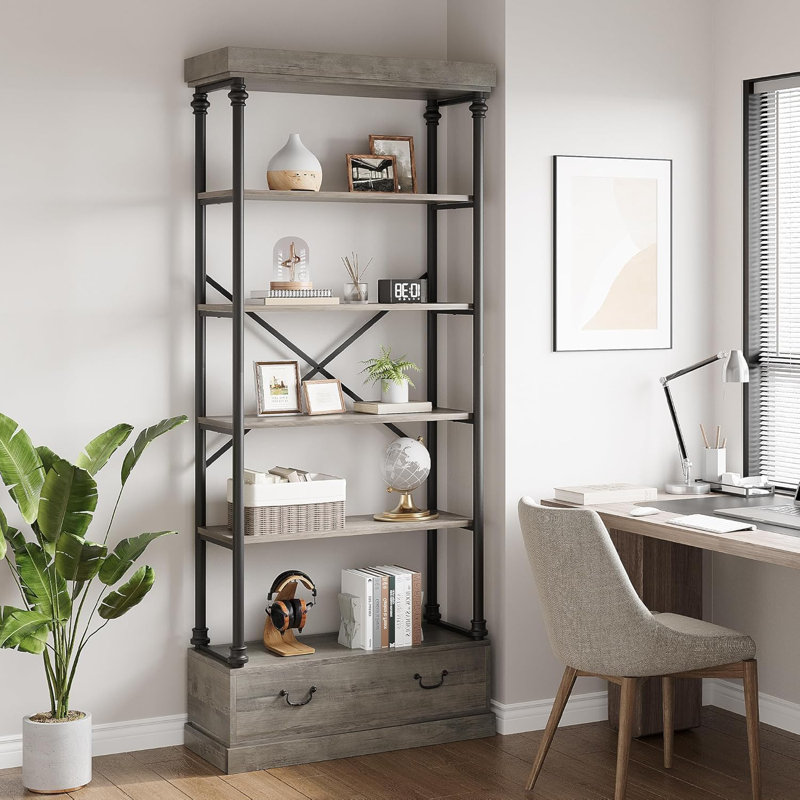 Gray Industrial Corner Bookshelf with Drawers and Metal Frame