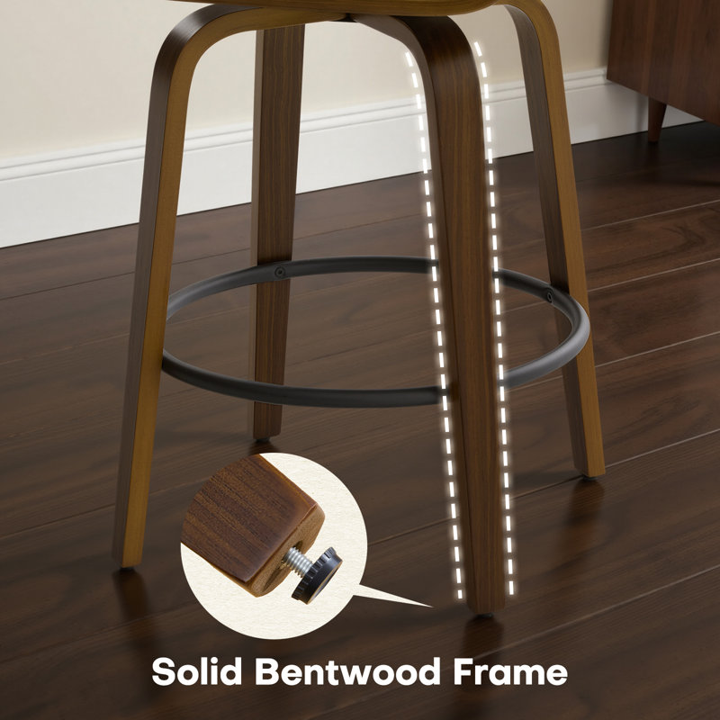 Tabouret de bar pivotant Dowden 26 po de style moderne du milieu du siècle, rembourré, avec dossier ajouré capitonné et structure en bois courbé