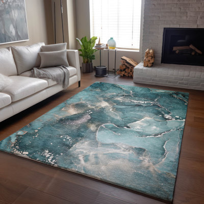 Premium Machine Washable Cerrito AMF518 Teal Rug