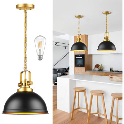 Luminaire suspendu en or noir, luminaires suspendus en métal de style campagnard avec dôme noir mat moderne pour îlot de cuisine, entrée du couloir de la salle à manger