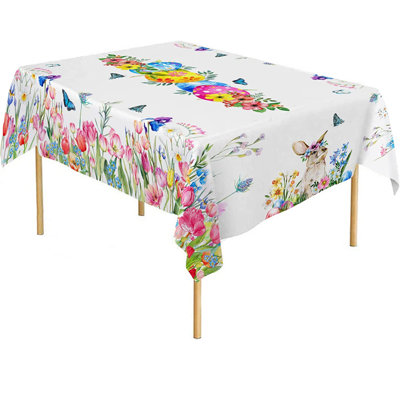 Easter Tablecloth With Pink And Red Spring Flowers And Bunny Design: Perfect For Home Parties, Dining, And Picnics During Easter Season