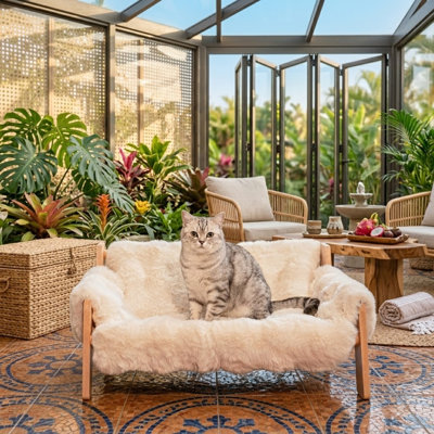 Lit pour chat surélevé pour chats d'intérieur, canapé pour chat en bois avec housse moelleuse lavable amovible, chaise longue surélevée pour chat, convient aux chiots, blanc cassé