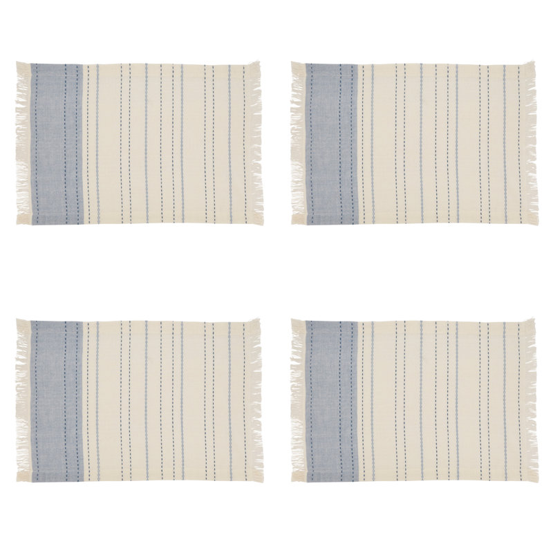 Light Blue and Beige Cotton Striped Rectangle Placemats, Set of 4
