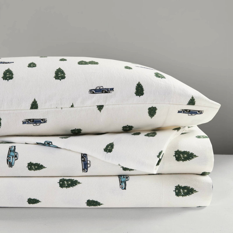 Ensemble de 3 draps pour lit simple 100% flanelle de coton à motif d'arbres et de camions Lavable à la machine - Simple pour matelas jusqu'à 12 po de profondeur 14 po Contient 1 plat 2 taies d'oreiller en velours doux au toucher