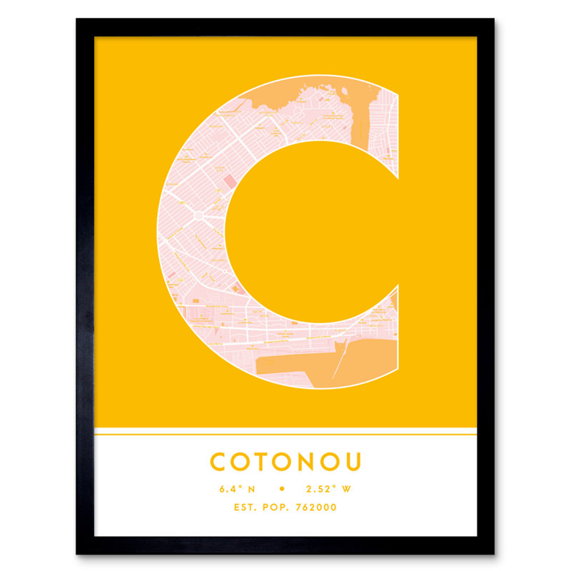 Cotonou City Map Cotonou Yellow by Wee Blue Coo - Single Picture Frame Typography