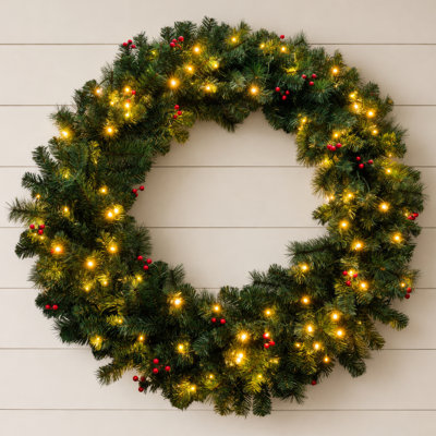 Elf Stor 48” Large Christmas Wreath with with 100 Warm White LED Lights and Berries, (Green)