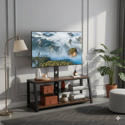 Meuble télé universel pivotant à hauteur réglable avec cadre en bois et panneaux en verre trempé, conçu pour accueillir des téléviseurs montés comme centre de divertissement. Disponible en brun rustique.