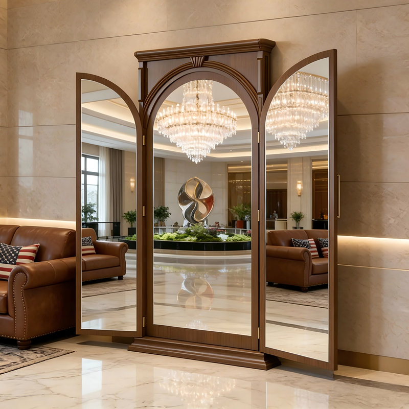 74.41"Rectangular glass mirror with brown rubberwood frame and a dressing mirror