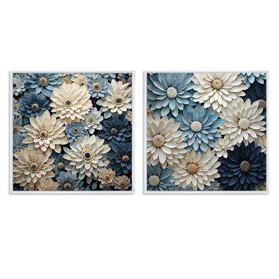 Blanc et bleu Zinnias Bounty - ensemble de 2 collages carrés Zinnias