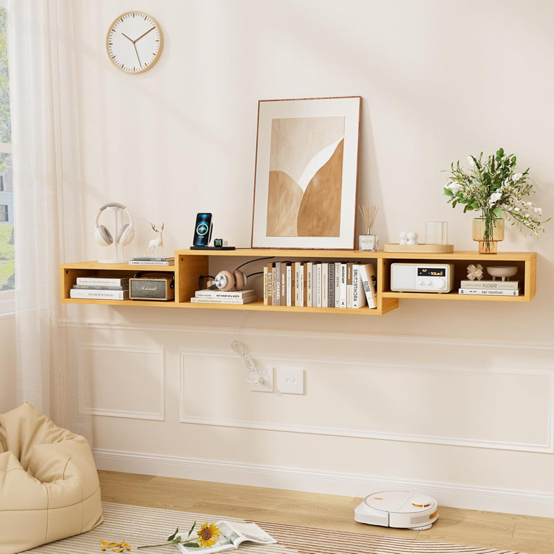 Wynny 60" Floating TV Stand with Electrical Outlets, Media Center, 9.1" H x 70.9" W x 11" D, Natural Wood