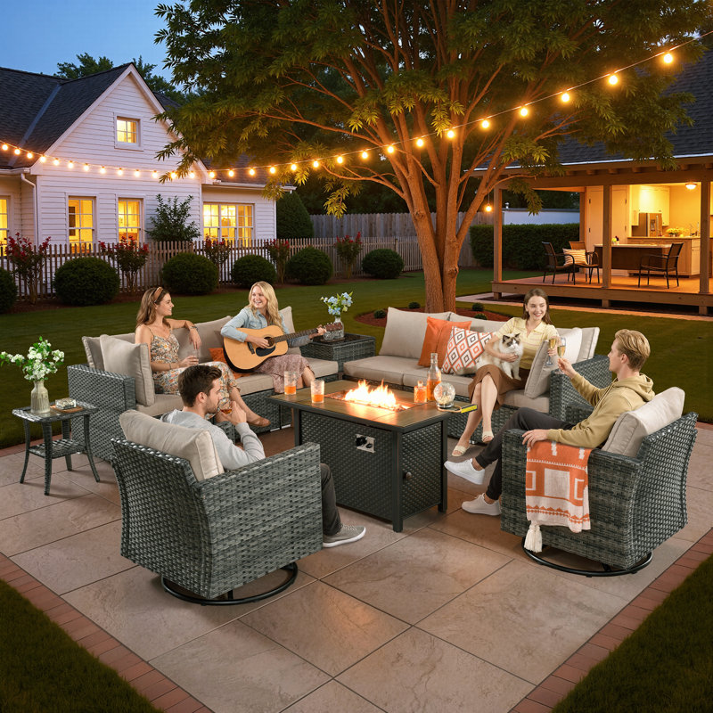 Aliva 8-Person Wicker Seating Group with Water-Resistant Cushions, Beige