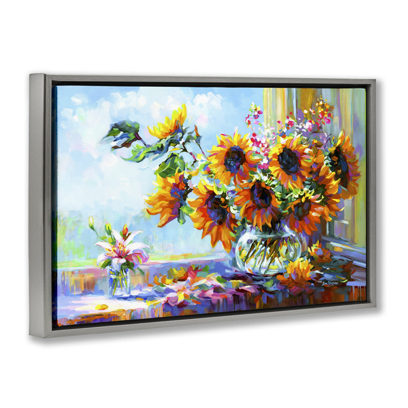 «Sunflowers Morning Glory», toile flottante encadrée par Leon Devenice, Cadre flottant gris lustré, H 17 po x l 25 po