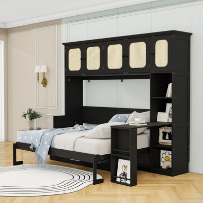 Lit escamotable double en bois avec bureau intégré et armoires