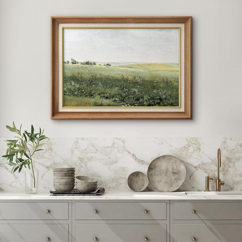 Rustic Countryside Green Meadow Hillside avec plantes et fleurs, impression sur papier, Pas de tapis, Encadré naturel