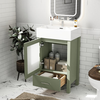 Meuble de salle de bain de 50 cm avec lavabo en céramique et nombreux rangements intérieurs sur étagères - Style moderne pour salle de bain