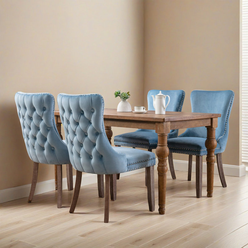 Meritxell Tufted Velvet Upholstered Back Parsons Chair Dining Chair, Blue, 2, Black
