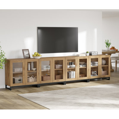 Modern TV Stand With Glass Doors For 120 Inch Tvs, 4 In 1 Entertainment Center Console With Adjustable Shelves And Metal Base For Living Room, Bedroom