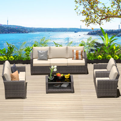 Ensemble de canapé modulaire en rotin PE pour l'extérieur avec 9 sièges et coussins pour table de rangement