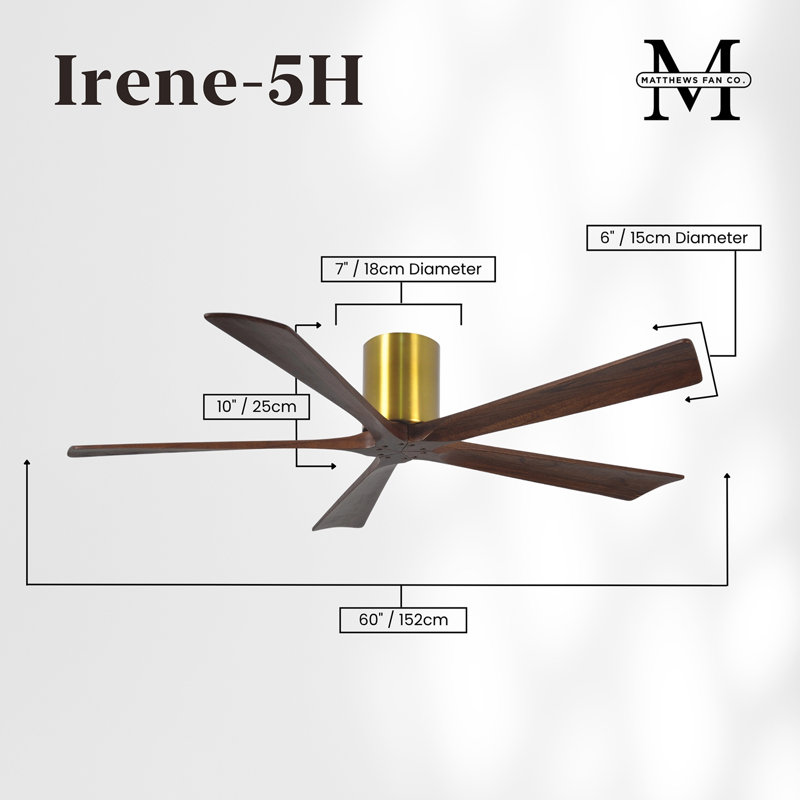 60" Irene 5-Blade Hugger Ceiling Fan with Wall Remote, 60", Brushed Brass, Walnut Tone