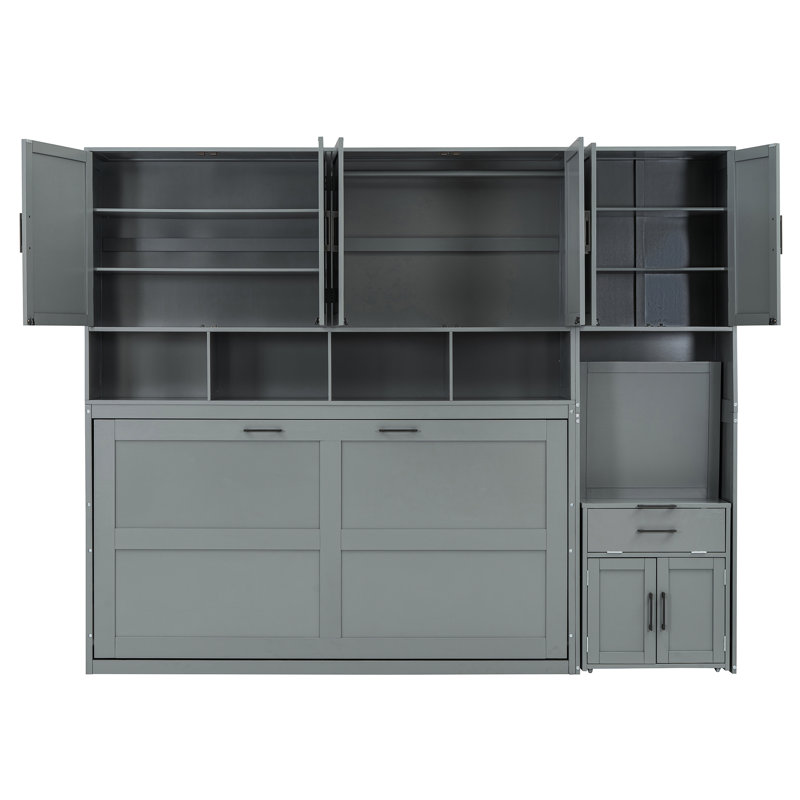 Mur de lit simple avec placard gris, tiroirs et bureau - idéal pour les bureaux à domicile, espace de rangement intégré