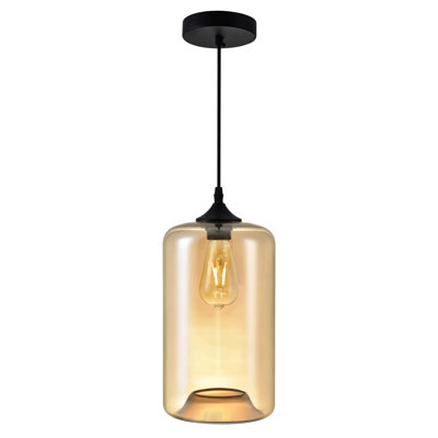 Braydon Mini Pendant Light - Single Bulb Hanging Fixture with Minimalist Modern Cylindrical Cognac Orange Shade, Adjustable Black Cord - Kitchen, Dining Room, Bar Lighting