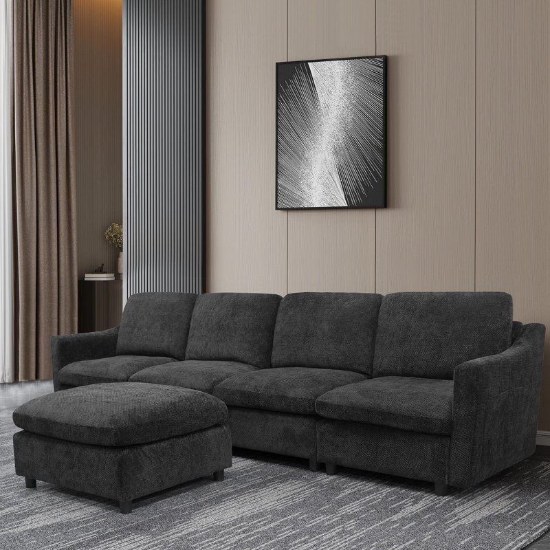 Canapé modulaire surdimensionné noir avec méridienne - siège profond moderne pour le salon ergonomique, mousse, velours court et doux, aucun canapé requis d'assemblage