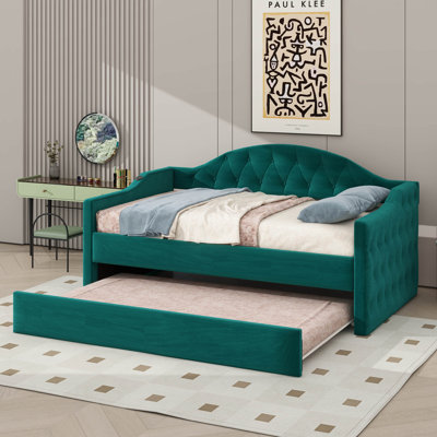 Lit de jour simple avec revêtement capitonné et gigogne, canapé-lit en velours avec ports USB et ports de charge de type C