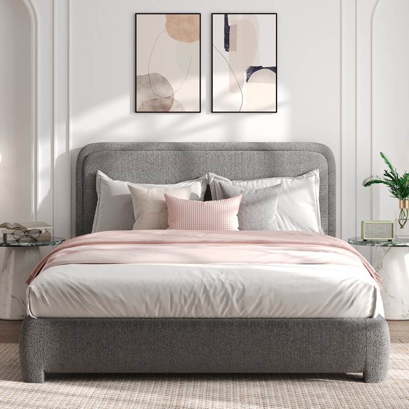 Lit plateforme tapissier Bensu Boucle, Grand lit, Gris clair
