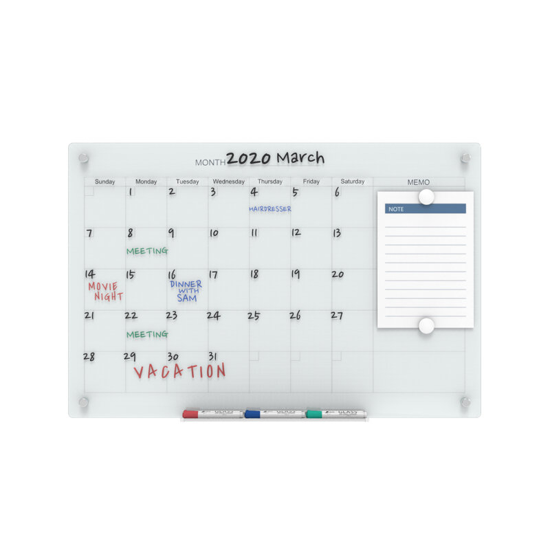 Audio-Visual Direct Magnetic Calendar Glass Board, 24" H x 36" L, White
