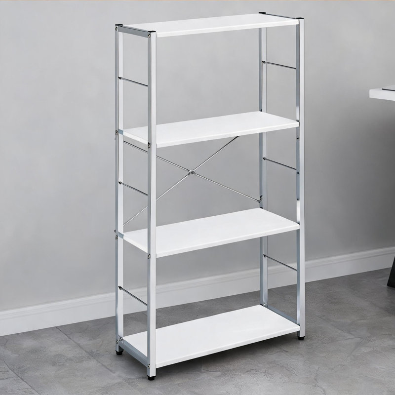 Bibliothèque ouverte à 4 niveaux en bois et métal, étagère de présentation aux tons blancs pour le salon, le bureau et le bureau