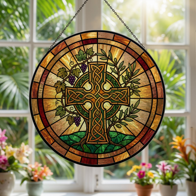 Celtic Cross Stained Glass Window Panel，7.8H, 7.8"H