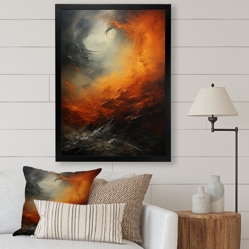 Lauana " Orange Storm Force Of Nature I ", 40" H x 30" W x 1.5" D, Black Picture Framed