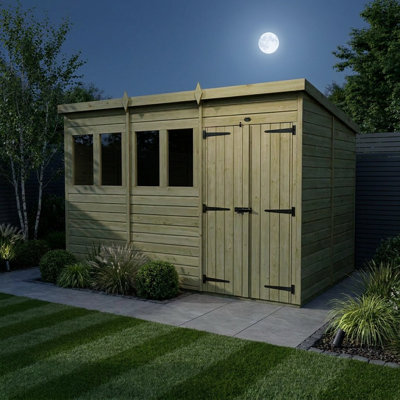 Total Sheds 16ft x 8ft Pent Garden Shed - Double Door - With Windows - Pressure Treated Timber - UK Manufactured