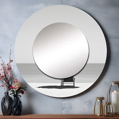Black And White Minimalism Beach Photo II - Beach Decorative Mirror, Gray Round Wall Mirror, Printed Metal Art