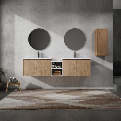 Meuble-lavabo mural avec lavabo et armoire latérale, 2 armoires combinées